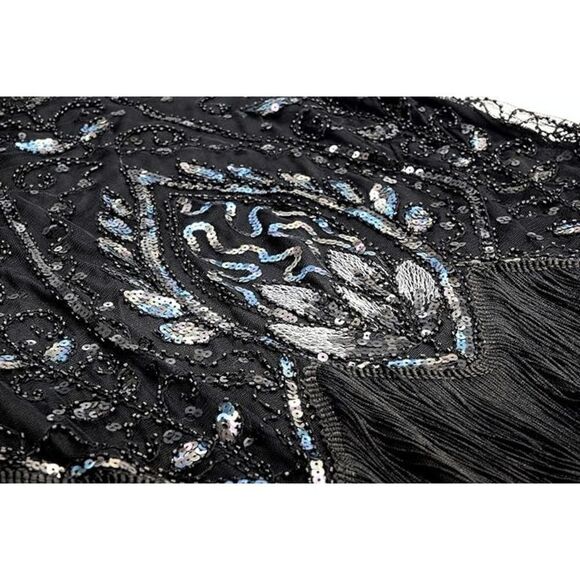 ✨ Flapper Great Gatsby 1920s Retro Tassel Fringe Sequin Midi Black Dress XL NEW - Picture 6 of 13